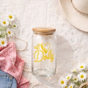 I ❤️ Dolly Glass Tumbler Straw Bamboo Lid | Dolly Parton Inspired Yellow Print